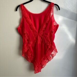 Vintage 80s Red Lace Teddy One Piece Made in USA Sexy Nylon Snap Crotch Medium